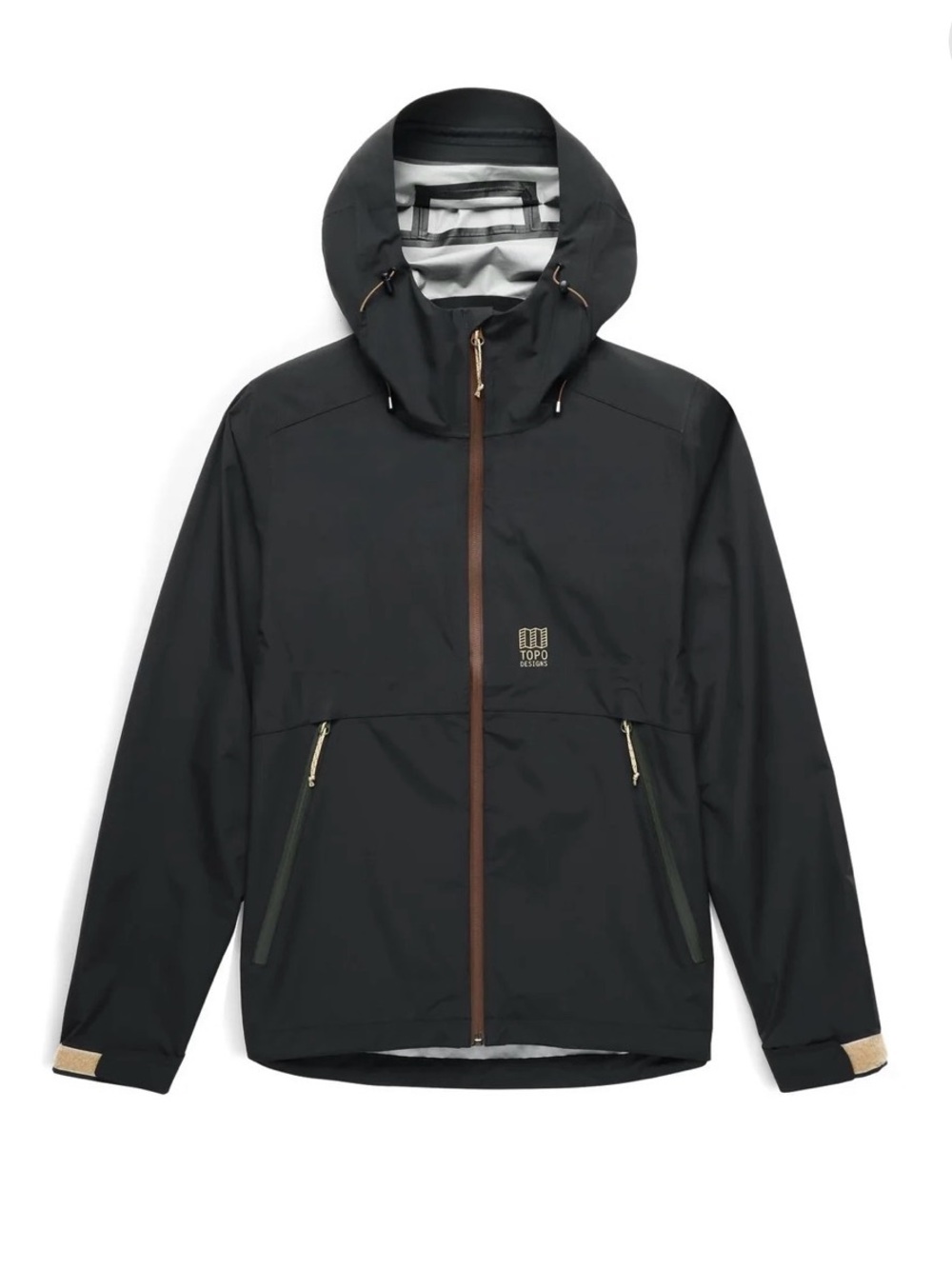 Topo Designs Men's Black Hooded Rain Shell with Brown Accents